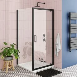 Toreno Matt Black 800 X 800mm Pivot Door Shower Enclosure Without Tray