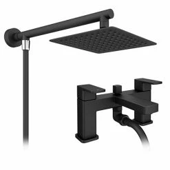 Toreno Modern Black Chrome Bath Shower Mixer Tap Incl. Overhead Rainfall Shower Head